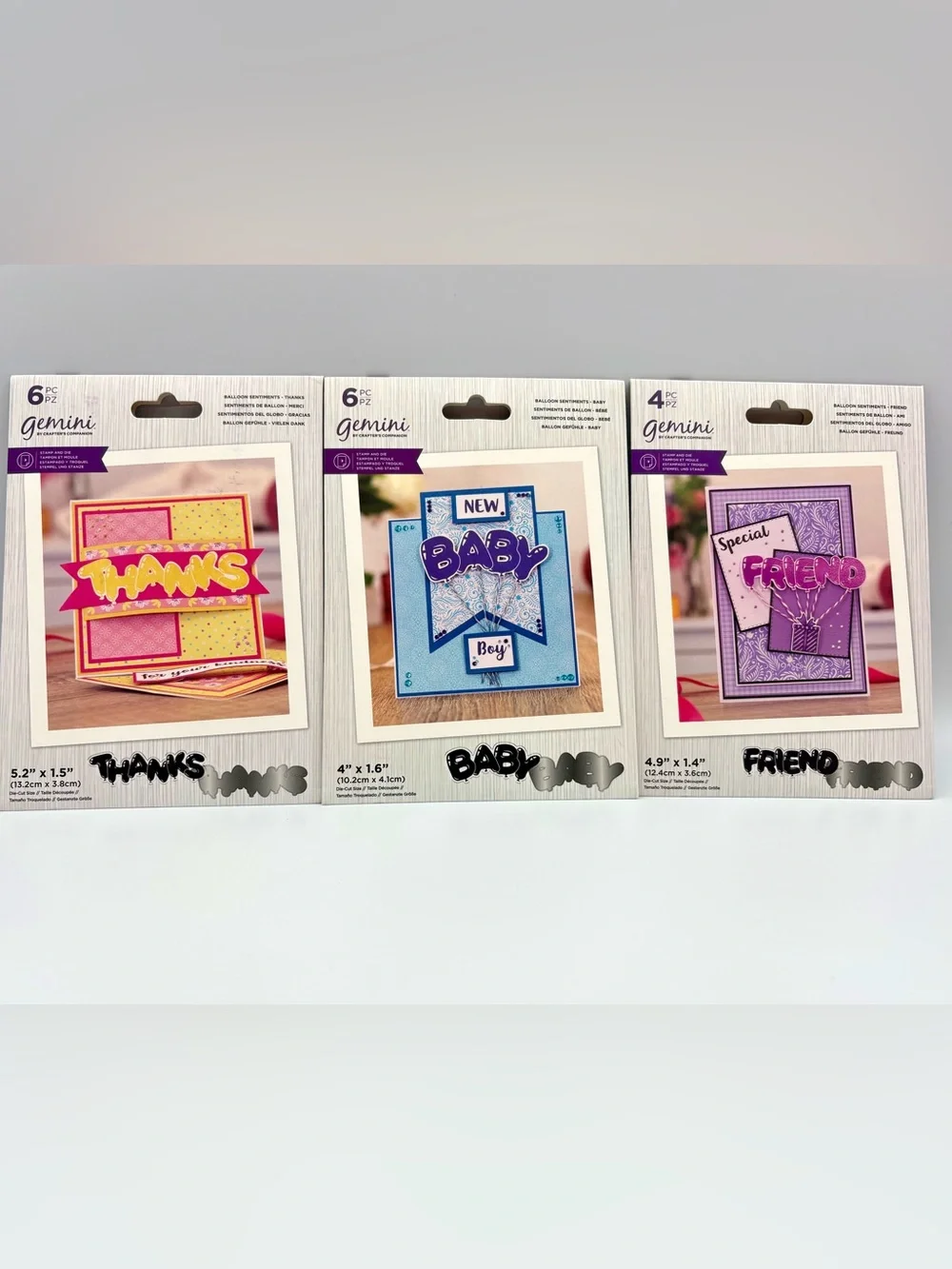 3 Gemini Stamp & Dies Sets - THANKS, BABY, FRIEND for card making or crafting